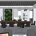 Modern Office Space With Wooden Conference Table Black Chairs Green Plant Wall And Pendant Lights