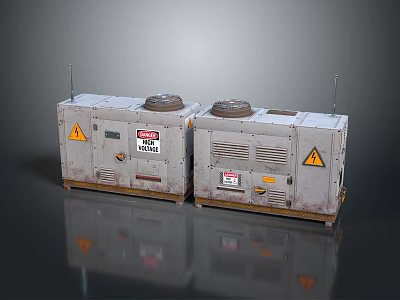 Two Industrial Gray Equipment Units With Warning Signs Metal Casings And Reflective Surface 3d model