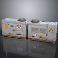 Two Industrial Gray Equipment Units With Warning Signs Metal Casings And Reflective Surface