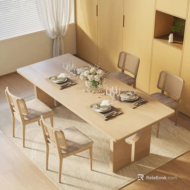 Modern Minimalist Dining Table Set with Rectangular Wooden Top Matching Chairs Tableware and Flower Bouquet 3d model 