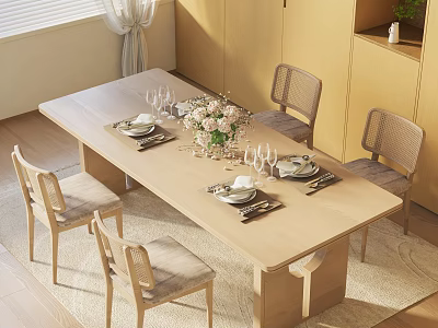 Modern Minimalist Dining Table Set with Rectangular Wooden Top Matching Chairs Tableware and Flower Bouquet 3d model