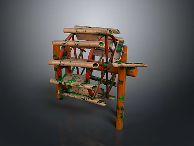 Unique Handmade Wooden Structure With Orange Green Details And Decorative Design Elements 3d model