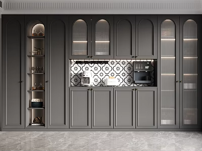Modern Gray Wine Cabinet With Glass Doors LED Lighting And Tile Backsplash Cabinetry 3d model