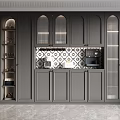 Modern Gray Wine Cabinet With Glass Doors LED Lighting And Tile Backsplash Cabinetry