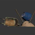 Construction Tools Setup with Blue Cement Mixer Shovels Sand and Rusty Metal Funnel