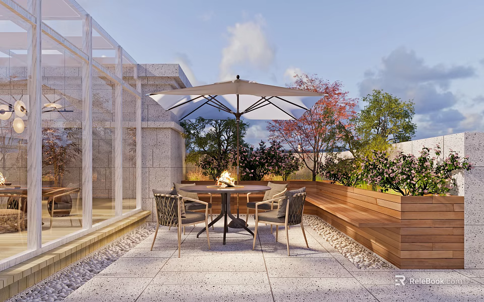 Outdoor Terrace With Glass Enclosure Fire Pit Umbrella Wooden Bench And Stone Floor 3d model 