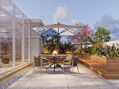 Outdoor Terrace With Glass Enclosure Fire Pit Umbrella Wooden Bench And Stone Floor 3d model