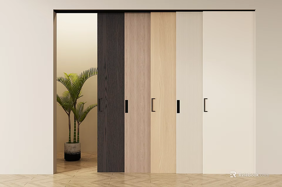 Modern Interior Sliding Doors In Dark Light Beige White With Potted Plant And Wooden Floor 3d model 