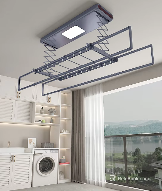 Modern Indoor Ceiling Mounted Clothes Hanger With White Cabinets And Window View 3d model 