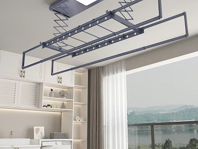 Modern Indoor Ceiling Mounted Clothes Hanger With White Cabinets And Window View 3d model