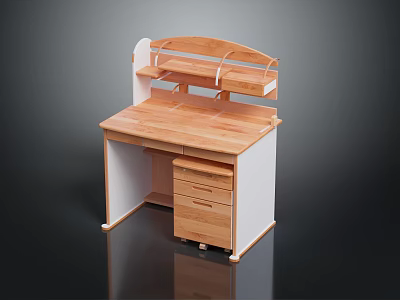 Wooden Desk With Upper Shelf Drawers And Rolling Casters For Home Study 3d model