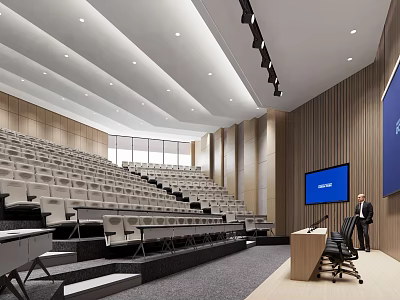Modern Auditorium Interior With Stepped Seating Wooden Panels And Lecture Screen 3d model