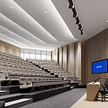 Modern Auditorium Interior With Stepped Seating Wooden Panels And Lecture Screen
