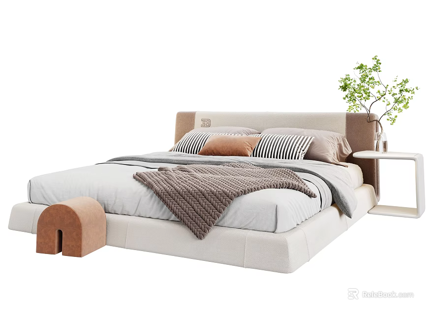 Neutral Double Bed With Simple Headboard Knit Blanket Striped Pillows And Side Table Plant 3d model 