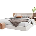 Neutral Double Bed With Simple Headboard Knit Blanket Striped Pillows And Side Table Plant