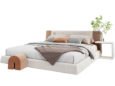 Neutral Double Bed With Simple Headboard Knit Blanket Striped Pillows And Side Table Plant 3d model
