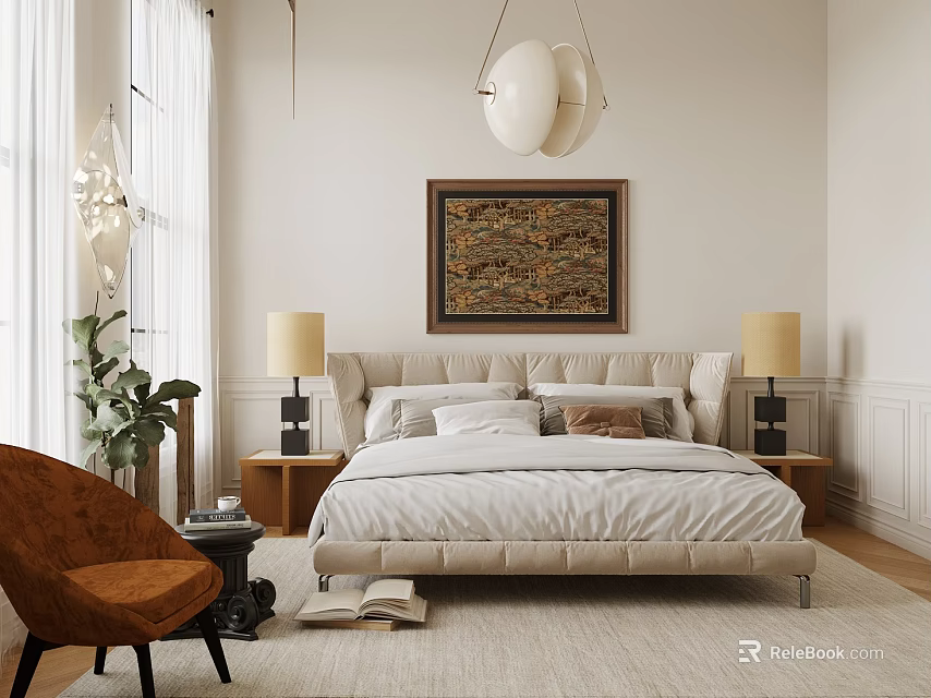 Serene Bedroom Interior With Beige Bed Painting Table Lamps Nightstands Orange Chair And Plant 3d model 