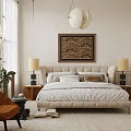 Serene Bedroom Interior With Beige Bed Painting Table Lamps Nightstands Orange Chair And Plant