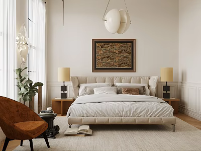Serene Bedroom Interior With Beige Bed Painting Table Lamps Nightstands Orange Chair And Plant 3d model