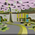 Kindergarten Interior Design With Tree Shaped Decor Green Yellow Round Seats And Play Area