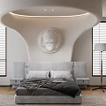 Modern Double Bed with Curved Background Wall Circular Relief Grey Upholstered Headboard and Shutter Windows