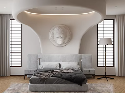 Modern Double Bed with Curved Background Wall Circular Relief Grey Upholstered Headboard and Shutter Windows 3d model
