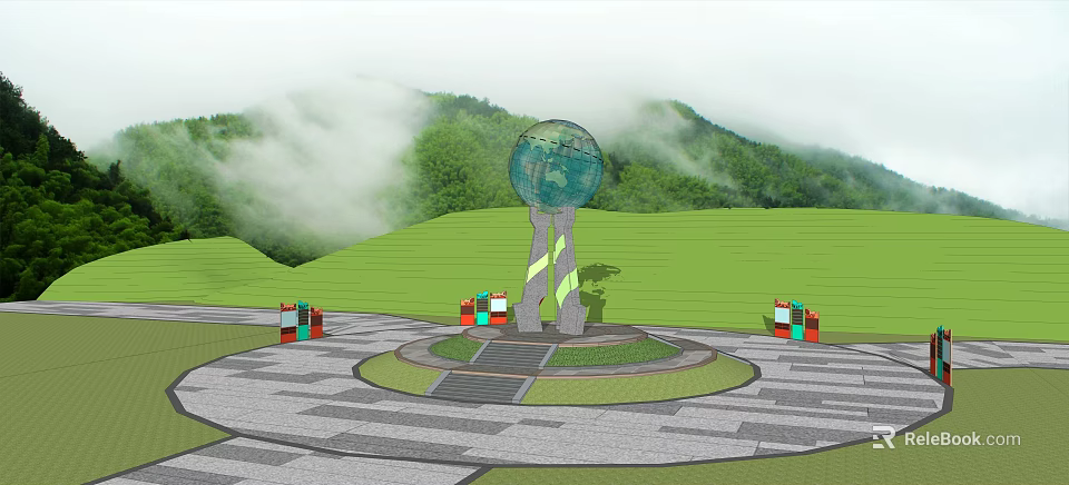 Scenic Globe Sculpture In Circular Plaza With Green Grass Mountains And Colorful Installations 3d model 