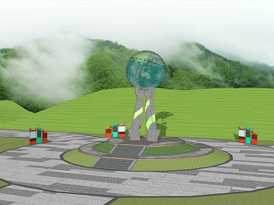 Scenic Globe Sculpture In Circular Plaza With Green Grass Mountains And Colorful Installations 3d model