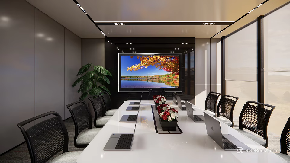 Modern Conference Room Interior With Long Table Laptops Projector Screen And Green Plant 3d model 