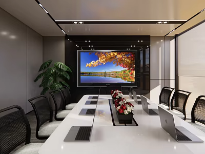 Modern Conference Room Interior With Long Table Laptops Projector Screen And Green Plant 3d model