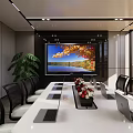 Modern Conference Room Interior With Long Table Laptops Projector Screen And Green Plant