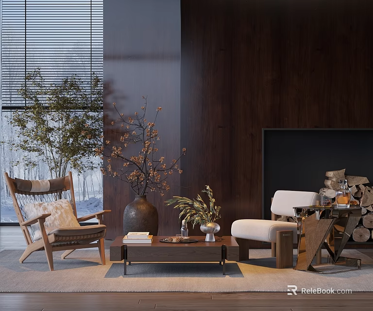 Modern Living Room Interior with Comfortable Leisure Chair Wooden Coffee Table and Decorative Plants 3d model 