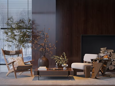 Modern Living Room Interior with Comfortable Leisure Chair Wooden Coffee Table and Decorative Plants 3d model