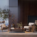 Modern Living Room Interior with Comfortable Leisure Chair Wooden Coffee Table and Decorative Plants