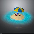 Small Beach Area With Yellow Blue Umbrella Red Chair And Water