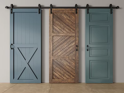Three Stylish Barn Doors In Blue And Wooden Designs For Home Interior 3d model