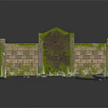 Cartoon Scene Featuring Square Courtyard Brick Walls Stone Pavement Circular Mossy Center and Arched Gate