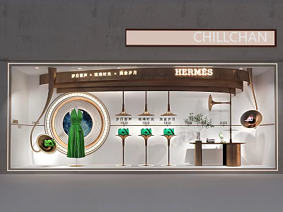 Elegant Luxury Hermes Shop Window Display With Green Dress And Green Items On Display Stands 3d model