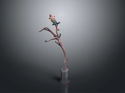 Colorful Parrot Perched On Tree Branch With Metal Base Against Gray Background 3d model