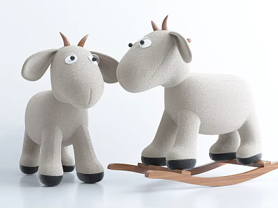 Cute Soft Plush Stuffed Goat Dolls Two One Standing One on Rocking Horse 3d model
