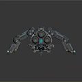 3D Rendered Futuristic Mechanical Device Featuring Metallic Arms Blue Orange Details And Red Markers
