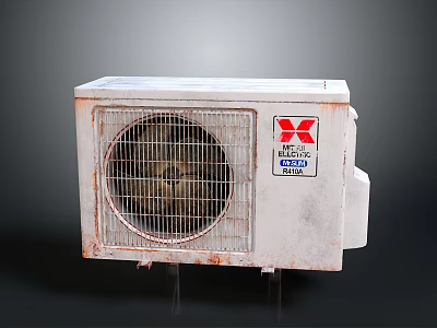 Mitsubishi Air Conditioner Fan Outdoor Unit With Rusty Metal Grille And Model Label 3d model