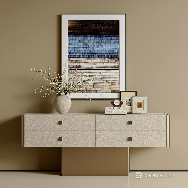 Light Colored Entryway Sideboard Cabinet With Vase Painting Photo Frames And Book 3d model 