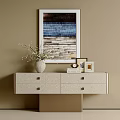 Light Colored Entryway Sideboard Cabinet With Vase Painting Photo Frames And Book