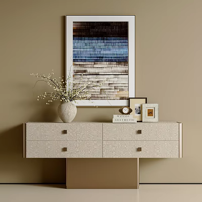 Light Colored Entryway Sideboard Cabinet With Vase Painting Photo Frames And Book 3d model
