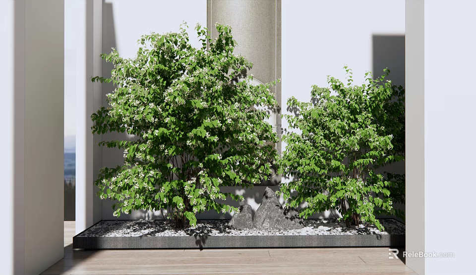 Modern Garden Decor With Lush Leafy Shrubs White Flowers Stone Formations And Pebbles 3d model 
