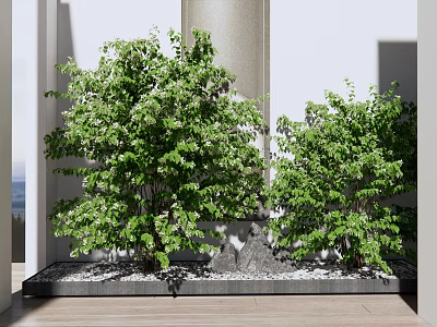 Modern Garden Decor With Lush Leafy Shrubs White Flowers Stone Formations And Pebbles 3d model