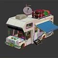 Detailed White RV Model Featuring Satellite Dish Luggage Green Orange Bags And Blue Awning