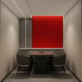 Modern Private Dining Room With Round Table Chairs Sofa And Red Wall Decorations 3d model