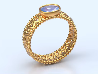 Elegant Gold Ring Adorned With Blue Gemstone And Intricate Geometric Beaded Patterns 3d model